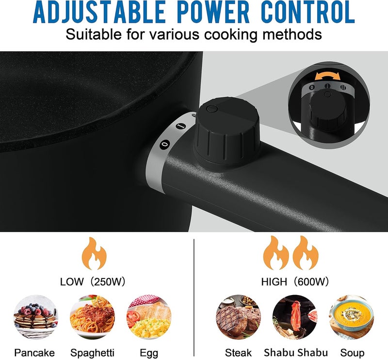 TopWit Hot Pot Electric, 1.5L Ramen Cooker, Portable Non-Stick Frying Pan, Electric Pot for Pasta, Steak, BPA Free, Electric Cooker with Dual Power Control, Over-Heating & Boil Dry Protection, Black - Image 2